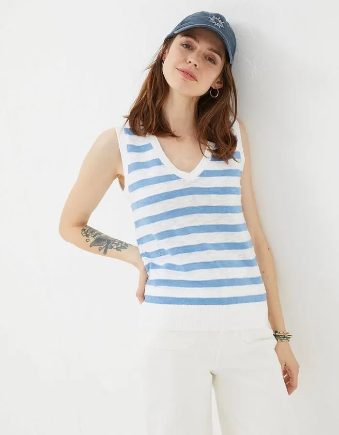 Women FatFace Tops and TShirts Breton Stripe Linen Tank Top Chambray Blue
