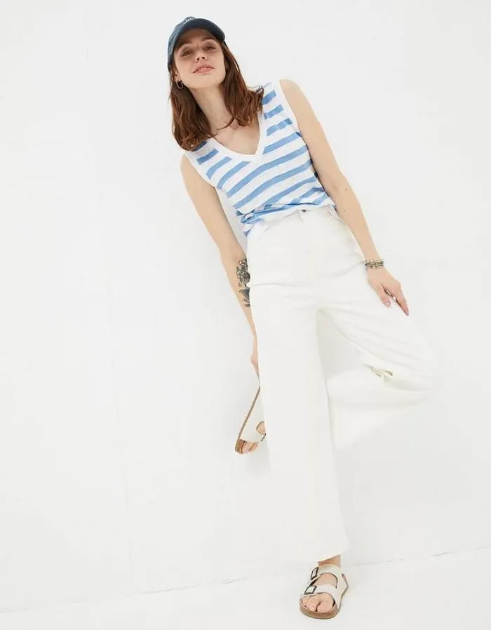 Women FatFace Tops and TShirts Breton Stripe Linen Tank Top Chambray Blue