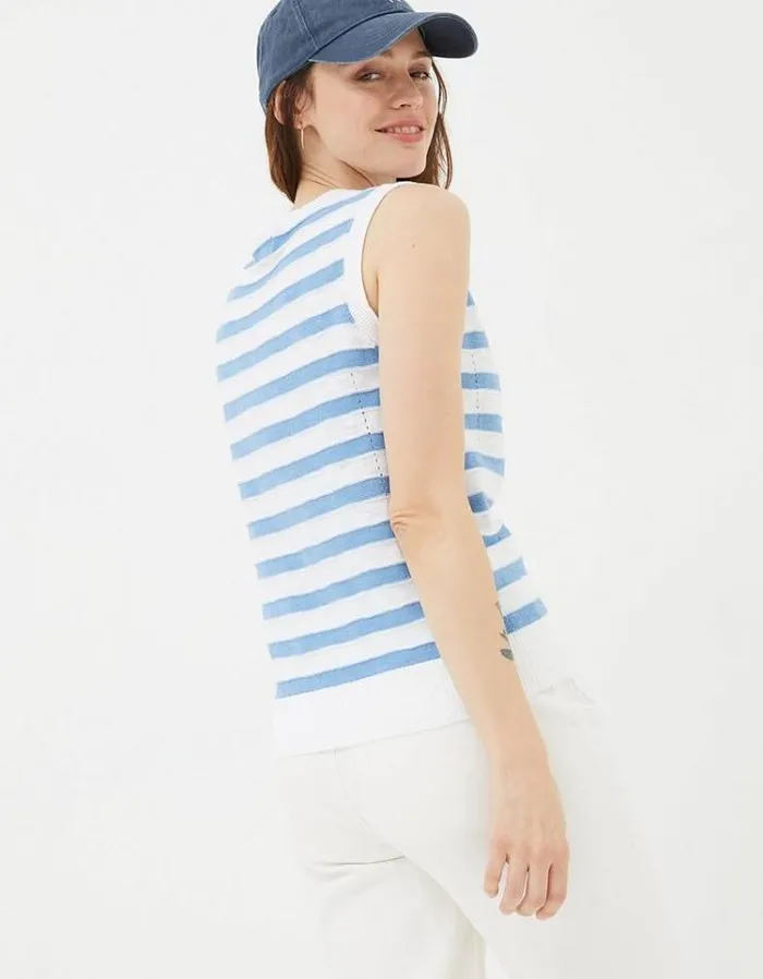 Women FatFace Tops and TShirts Breton Stripe Linen Tank Top Chambray Blue