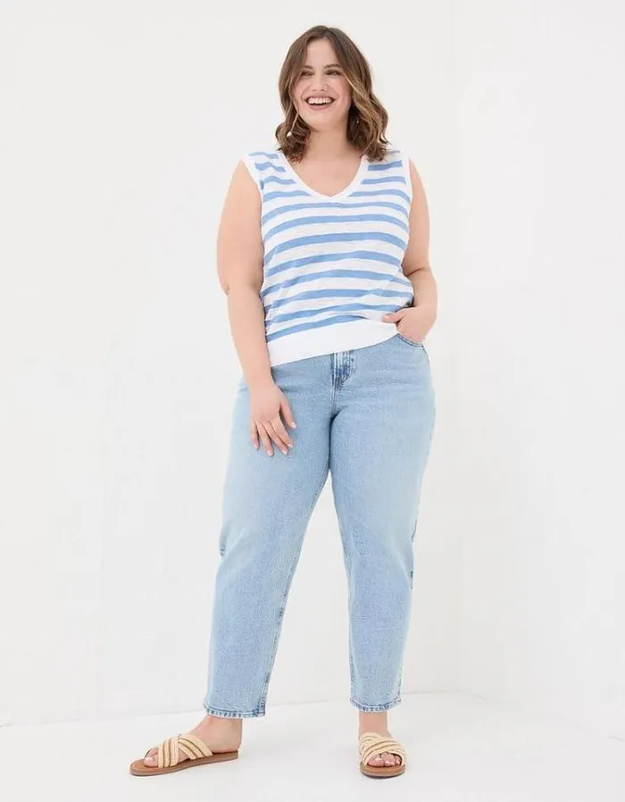 Women FatFace Tops and TShirts Breton Stripe Linen Tank Top Chambray Blue