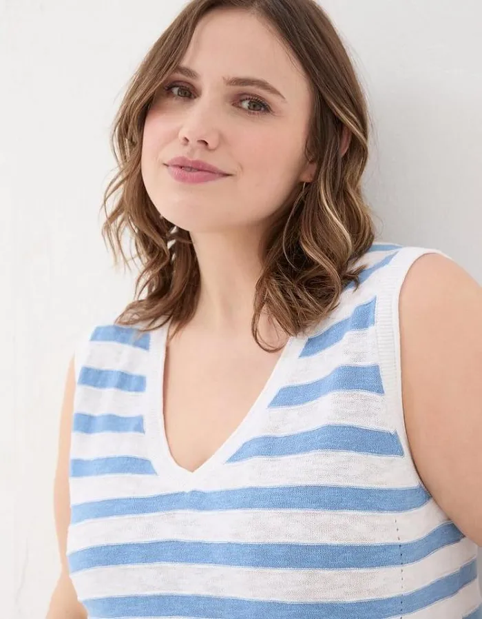 Women FatFace Tops and TShirts Breton Stripe Linen Tank Top Chambray Blue