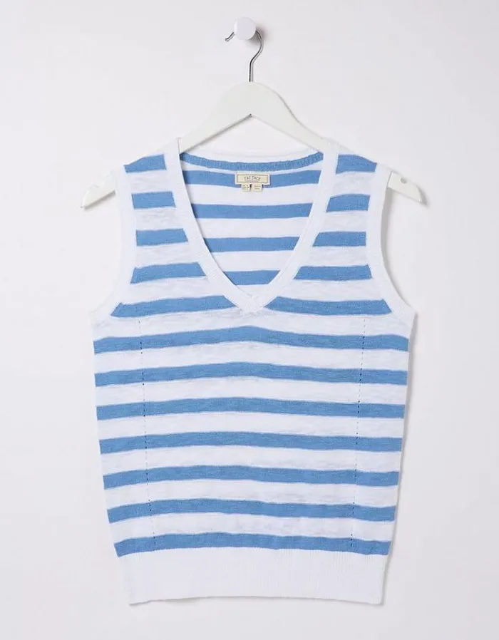 Women FatFace Tops and TShirts Breton Stripe Linen Tank Top Chambray Blue