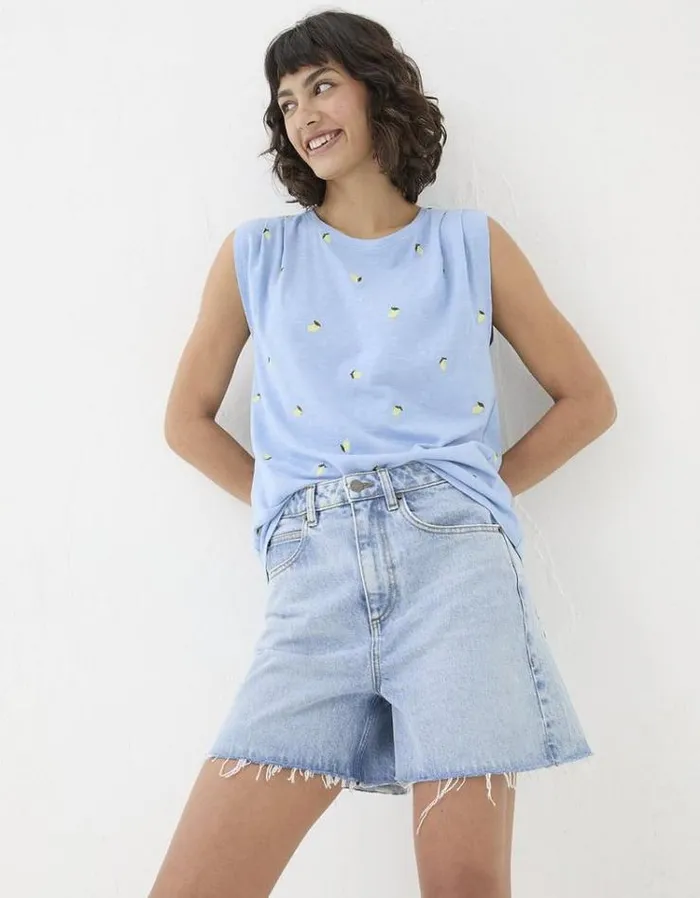 Women FatFace Tops and TShirts Chrissie Embroidered Lemons Vest Chambray Blue