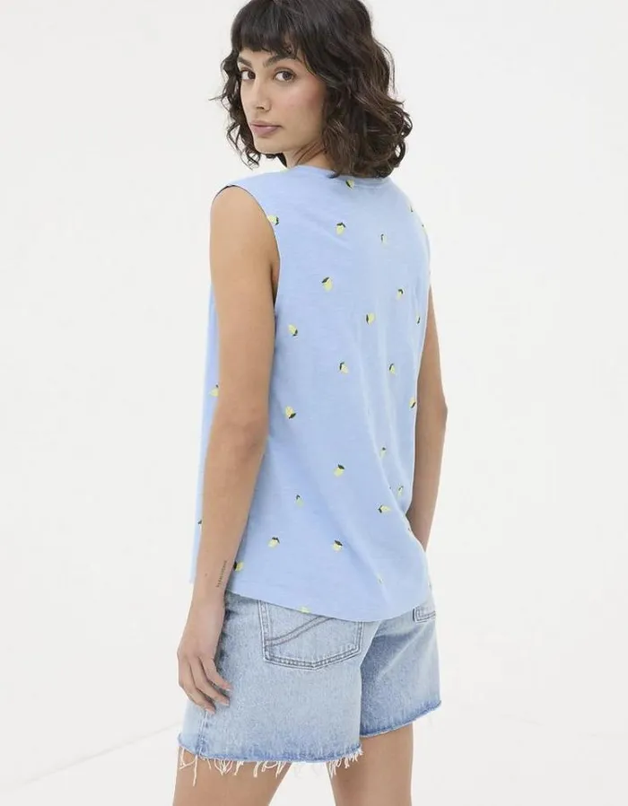 Women FatFace Tops and TShirts Chrissie Embroidered Lemons Vest Chambray Blue