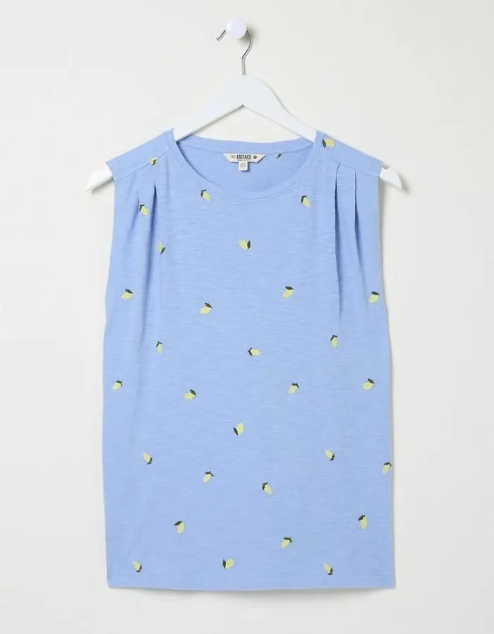 Women FatFace Tops and TShirts Chrissie Embroidered Lemons Vest Chambray Blue
