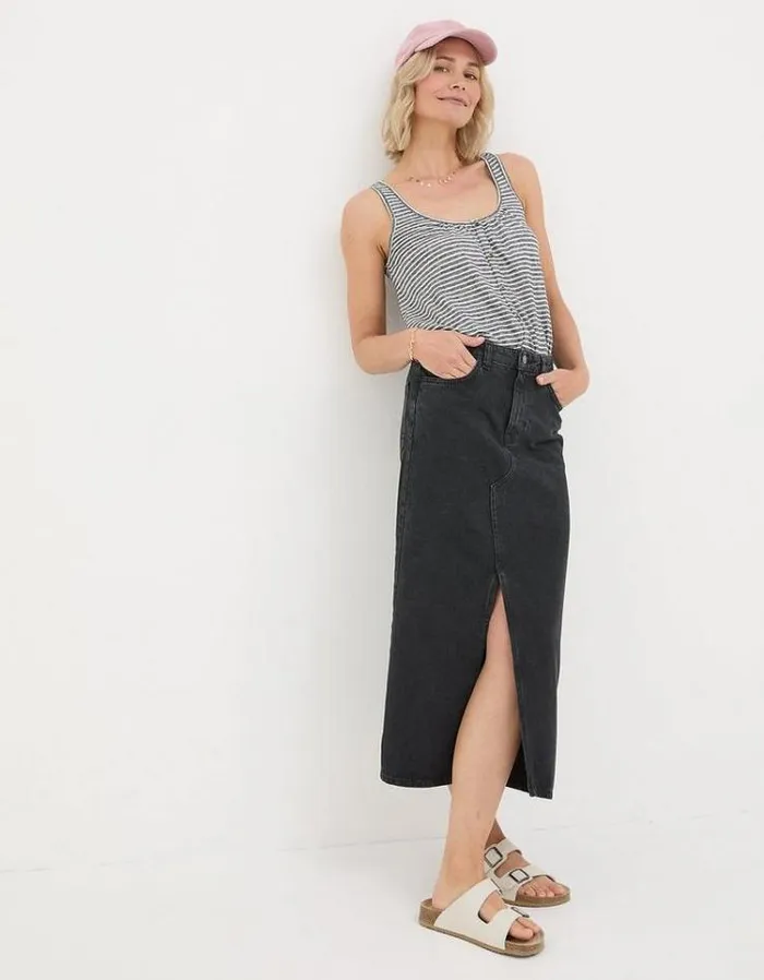 Women FatFace Tops and TShirts Flora Cotton Linen Stripe Vest Black