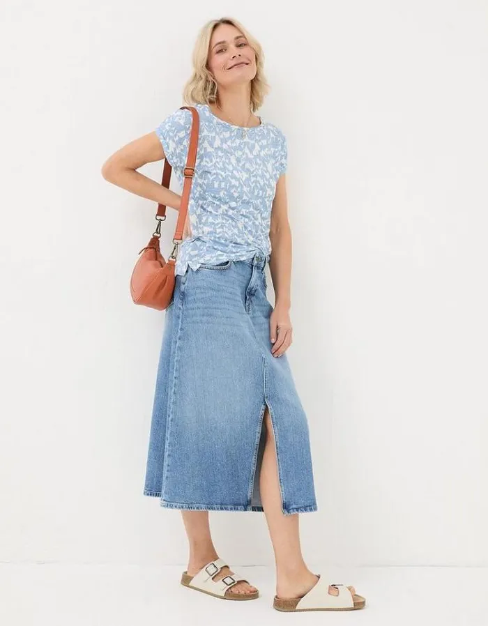 Women FatFace Tops and TShirts Ivy Linen Med Geo T Shirt Chambray Blue