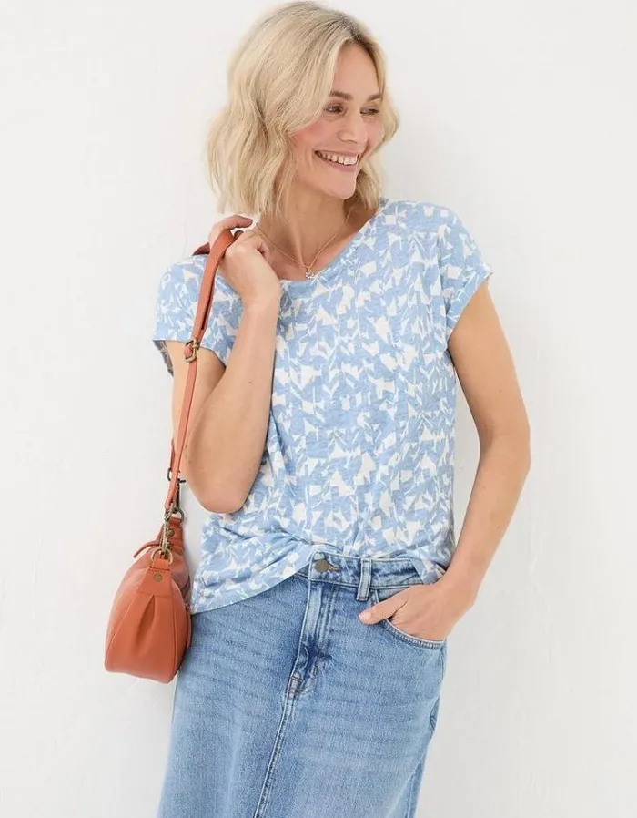 Women FatFace Tops and TShirts Ivy Linen Med Geo T Shirt Chambray Blue