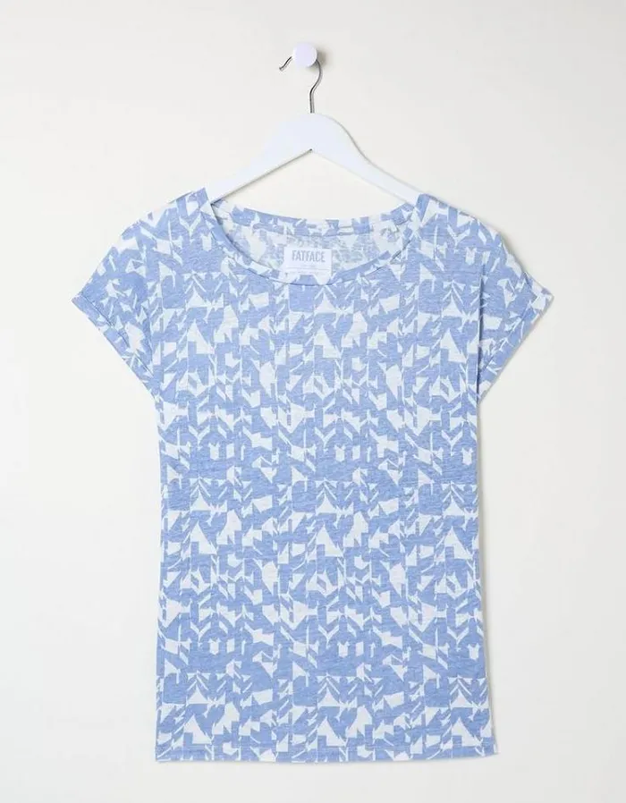 Women FatFace Tops and TShirts Ivy Linen Med Geo T Shirt Chambray Blue