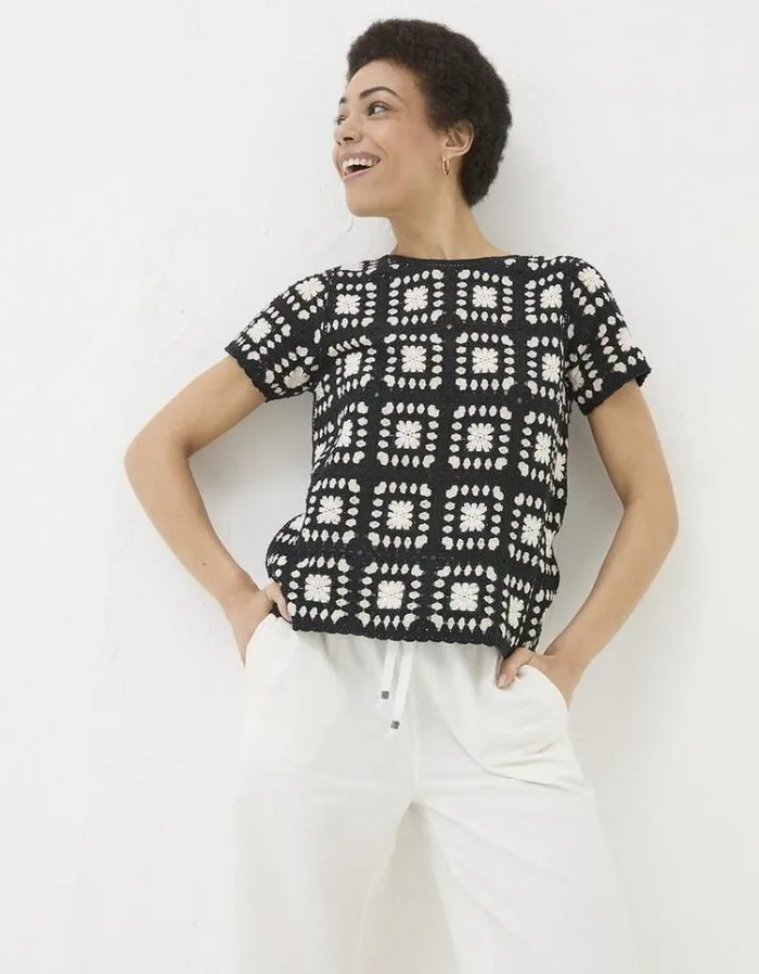Women FatFace Tops and TShirts Mono Crochet Patchwork Tee Black