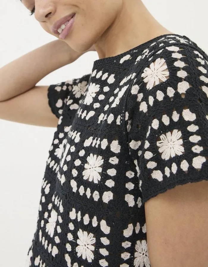 Women FatFace Tops and TShirts Mono Crochet Patchwork Tee Black