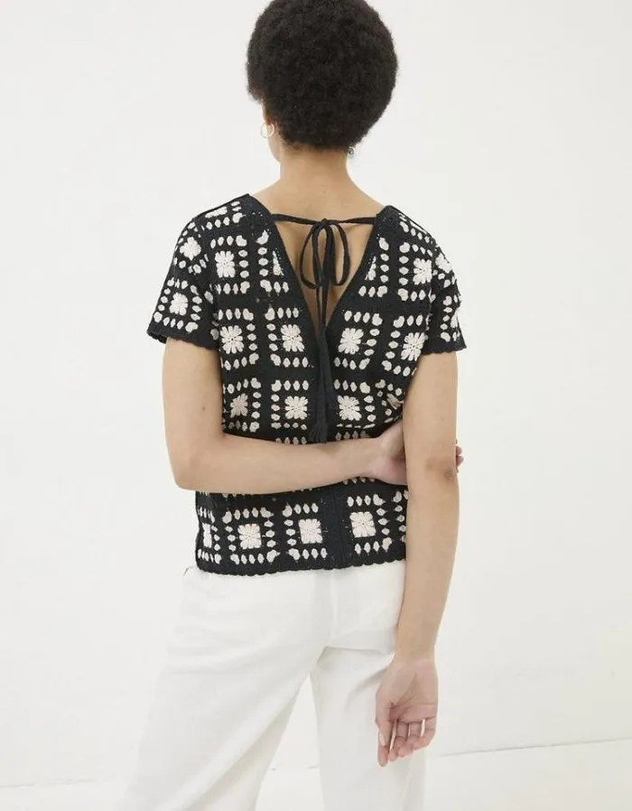 Women FatFace Tops and TShirts Mono Crochet Patchwork Tee Black