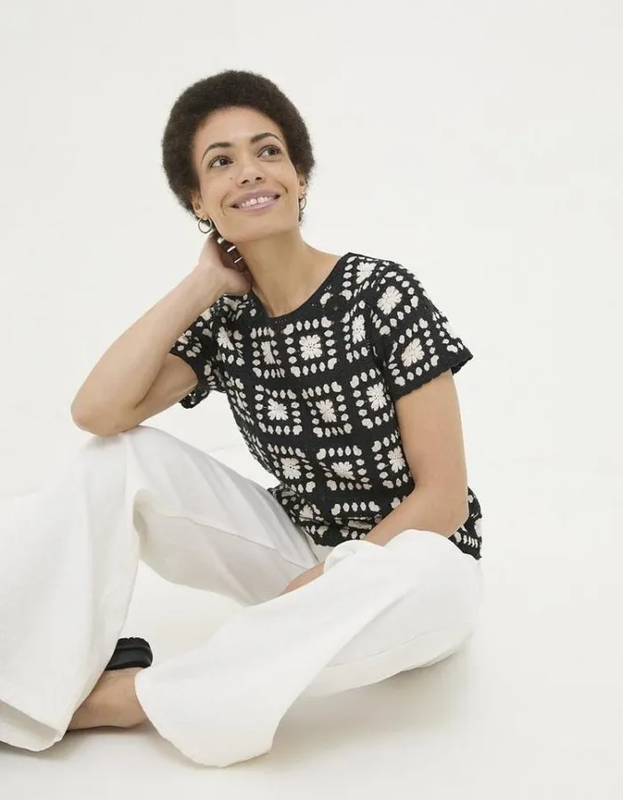 Women FatFace Tops and TShirts Mono Crochet Patchwork Tee Black