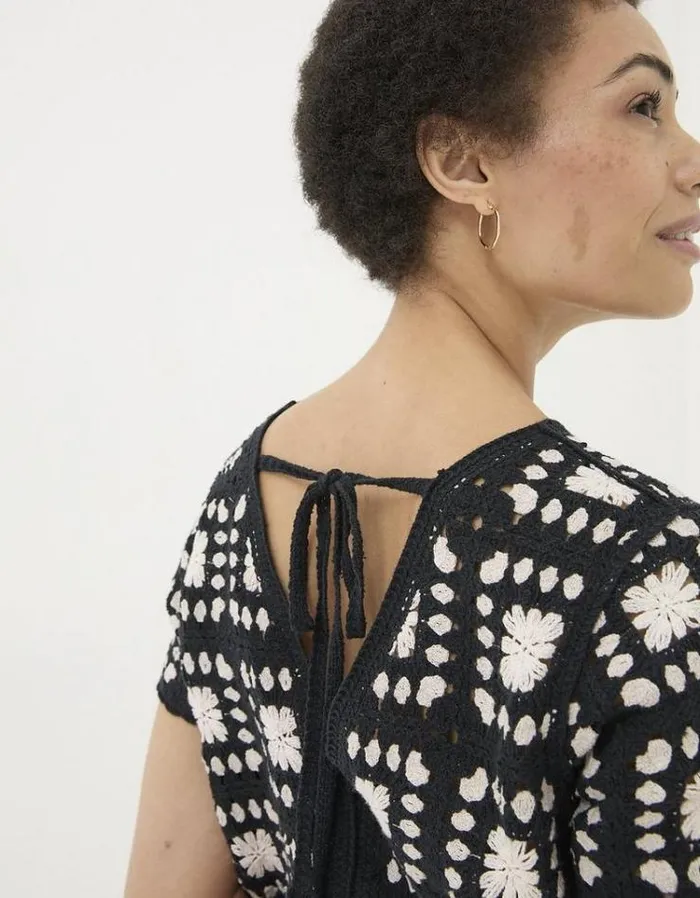 Women FatFace Tops and TShirts Mono Crochet Patchwork Tee Black