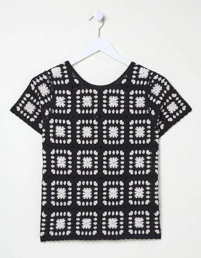 Women FatFace Tops and TShirts Mono Crochet Patchwork Tee Black