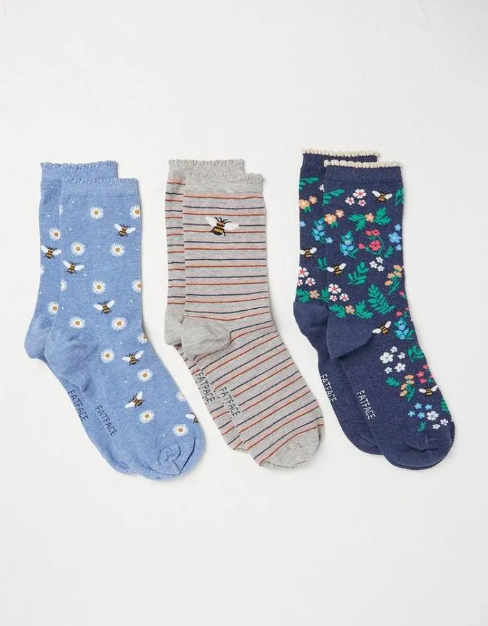 Women FatFace Underwear Socks and Tights 3 Pack Bee Socks In A Box Multi