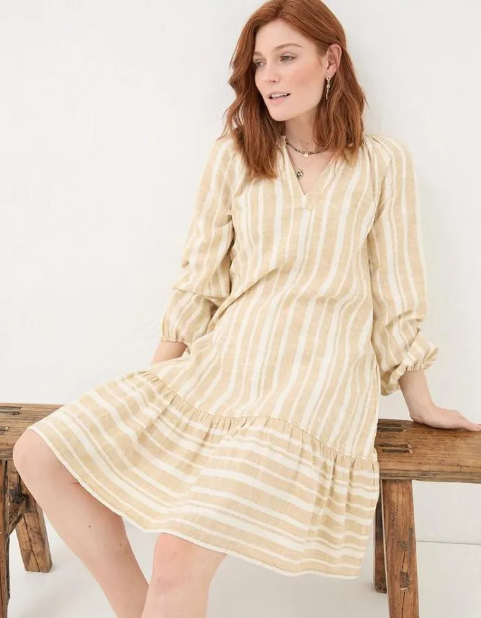Women FatFace Vacation Shop Amy Linen Blend Stripe Dress Natural