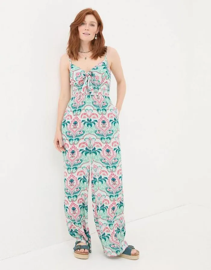 Women FatFace Vacation Shop Aurora Mirrored Paisley Jumpsuit Teal Green