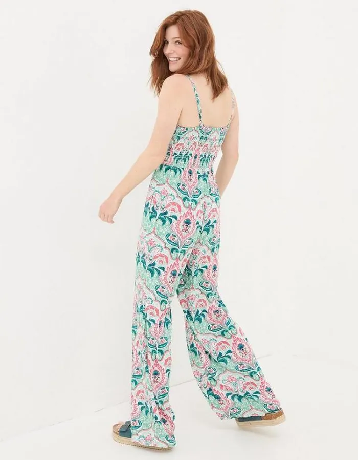 Women FatFace Vacation Shop Aurora Mirrored Paisley Jumpsuit Teal Green