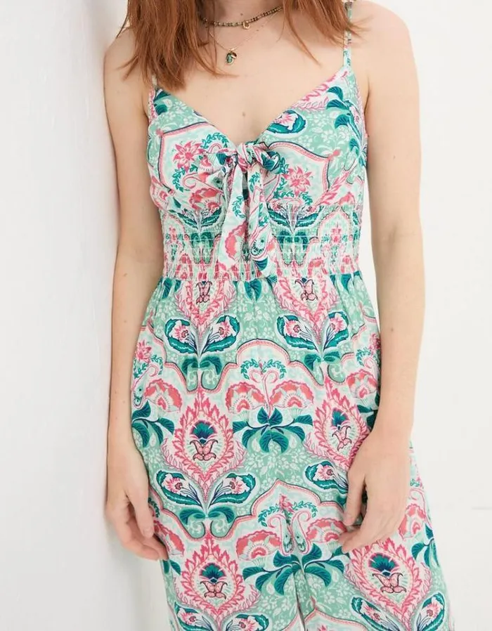 Women FatFace Vacation Shop Aurora Mirrored Paisley Jumpsuit Teal Green