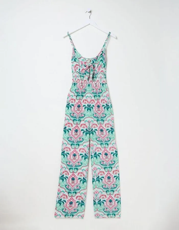Women FatFace Vacation Shop Aurora Mirrored Paisley Jumpsuit Teal Green