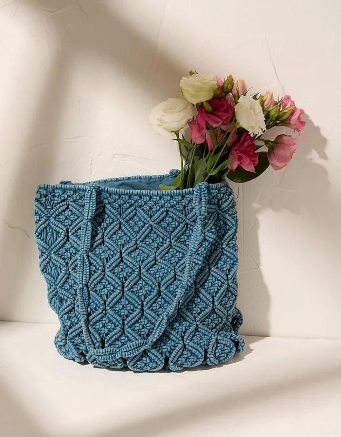 Women FatFace Vacation Shop Raela Macrame Shopper Bag Denim Blue