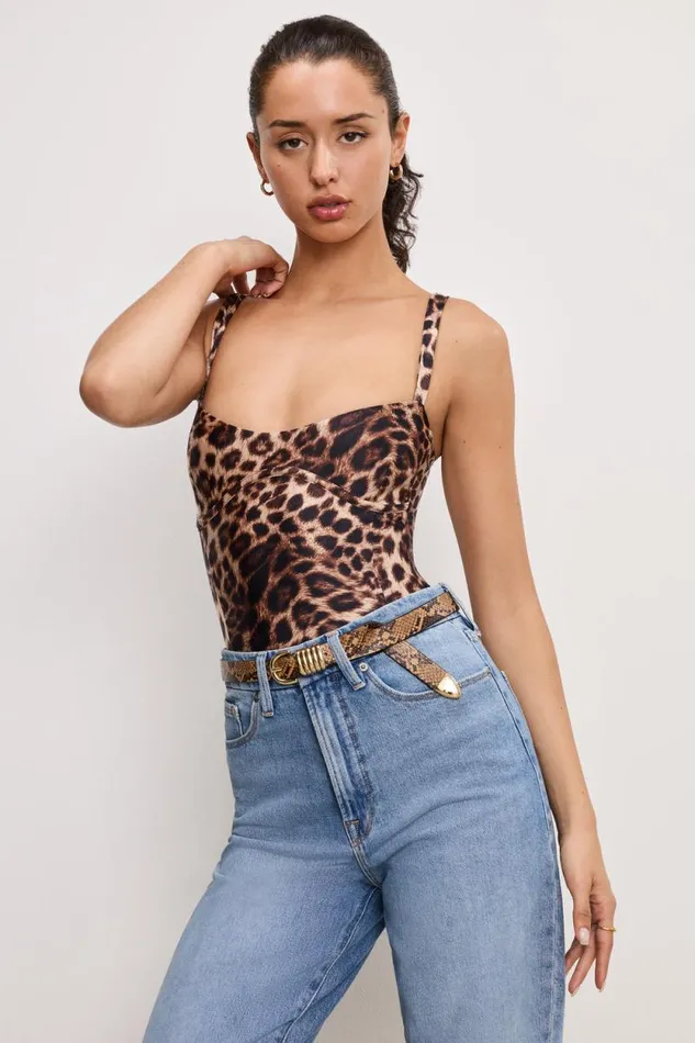 Women GOOD AMERICAN Bodysuits SWEETHEART SATINBODYSUIT Fierce Leopard001