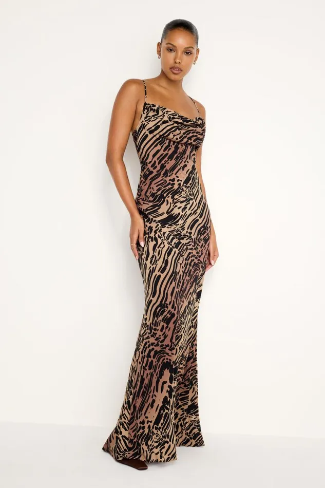 Women GOOD AMERICAN Dresses CHIFFON MAXI SLIPDRESS Warped Leopard004