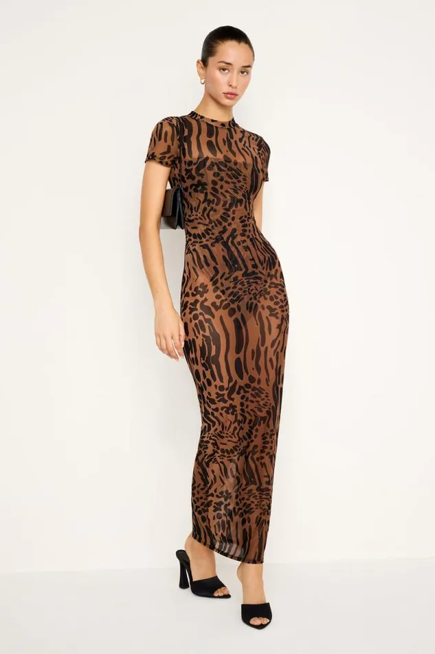 Women GOOD AMERICAN Dresses MESH TEE MAXIDRESS Warped Leopard004