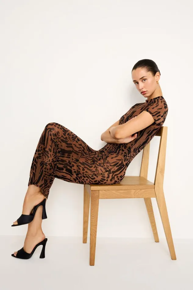 Women GOOD AMERICAN Dresses MESH TEE MAXIDRESS Warped Leopard004