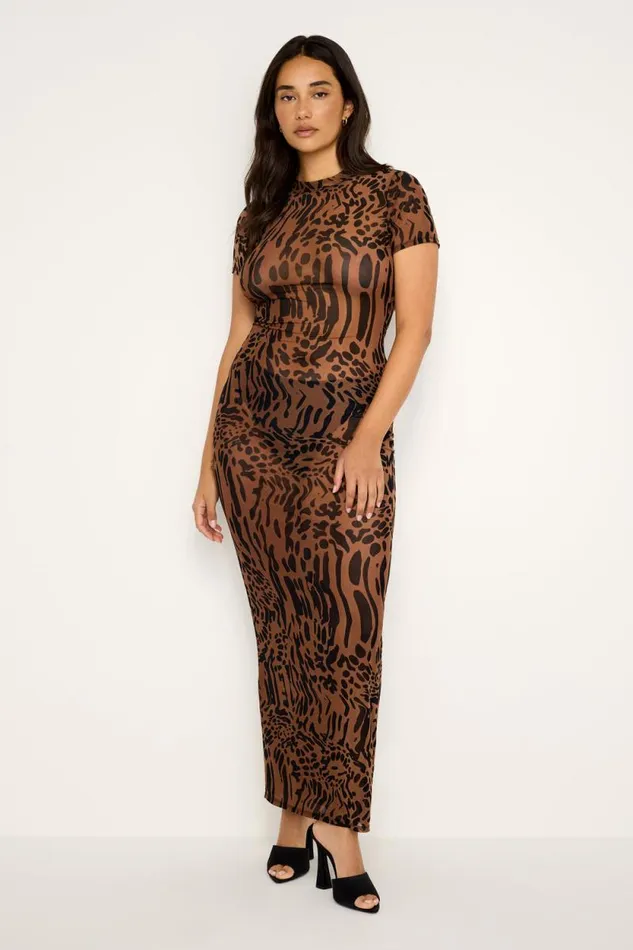 Women GOOD AMERICAN Dresses MESH TEE MAXIDRESS Warped Leopard004