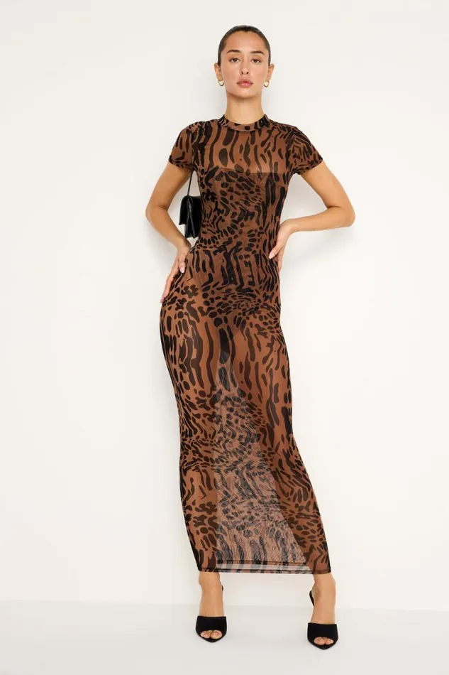 Women GOOD AMERICAN Dresses MESH TEE MAXIDRESS Warped Leopard004