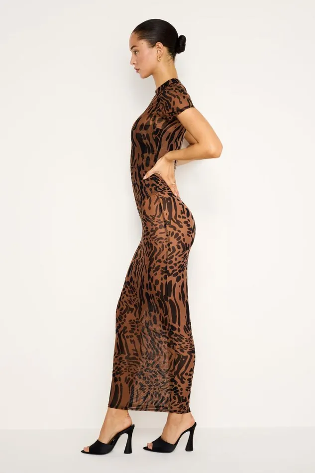 Women GOOD AMERICAN Dresses MESH TEE MAXIDRESS Warped Leopard004
