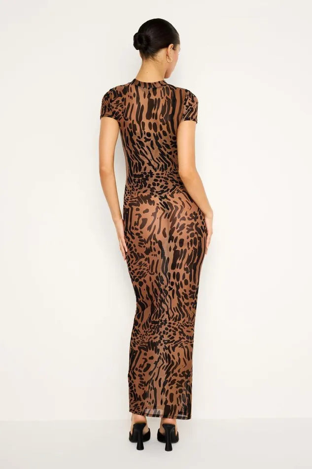 Women GOOD AMERICAN Dresses MESH TEE MAXIDRESS Warped Leopard004