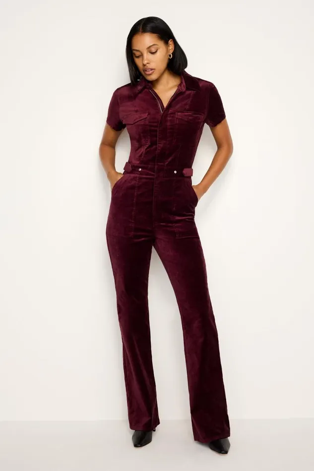 Women GOOD AMERICAN Jumpsuits FIT FOR SUCCESS VELVET BOOTCUTJUMPSUIT Oxblood002