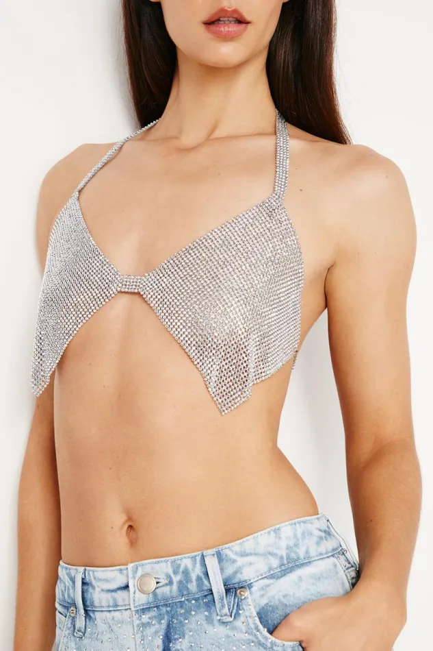 Women GOOD AMERICAN Tops CHAINMAIL SPARKLETOP Silver001