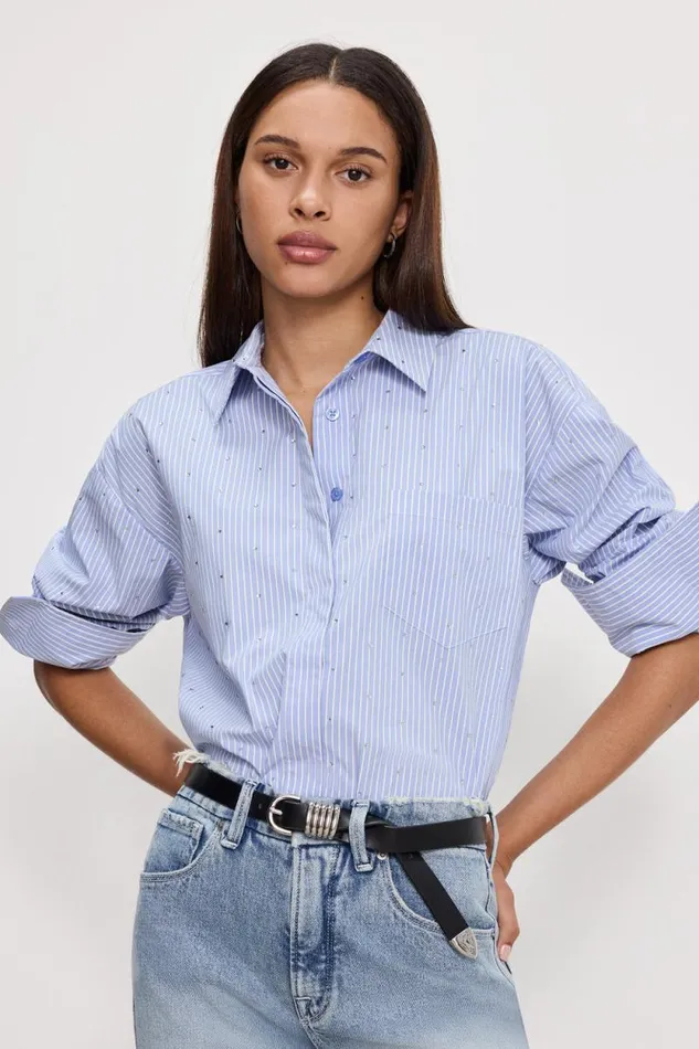 Women GOOD AMERICAN Tops CRYSTAL POPLIN GOODSHIRT Hot Girl Stripe001