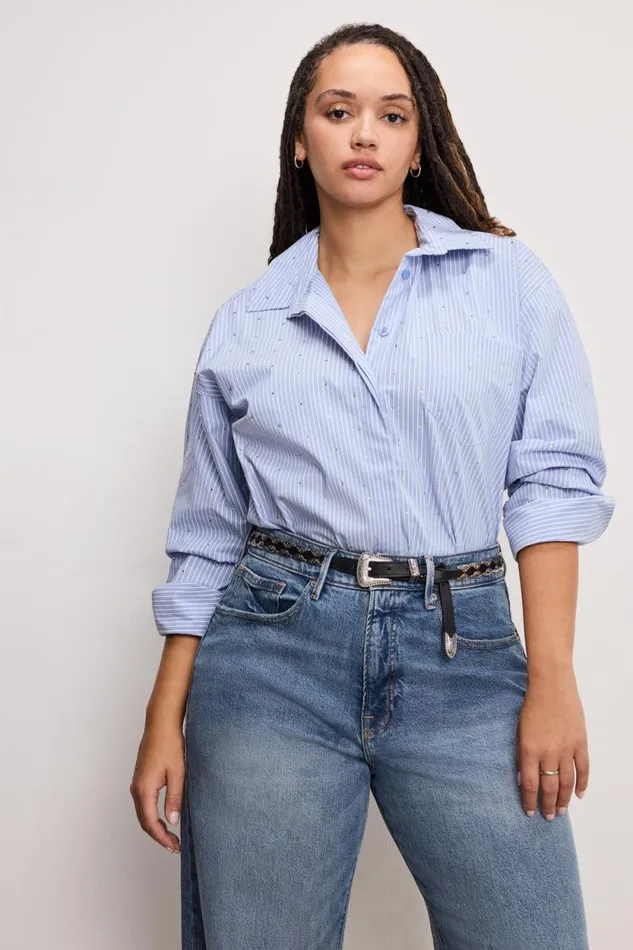 Women GOOD AMERICAN Tops CRYSTAL POPLIN GOODSHIRT Hot Girl Stripe001