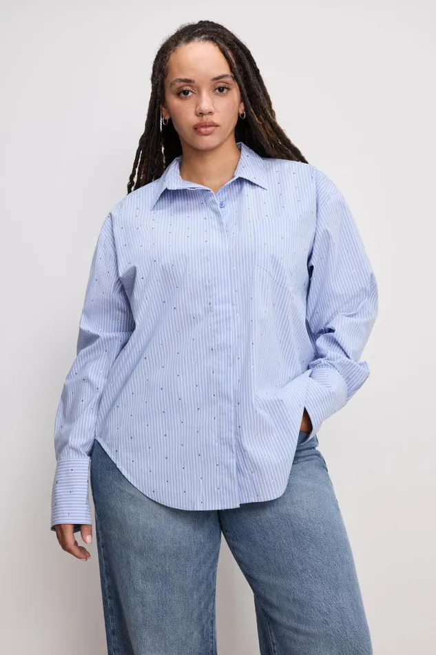 Women GOOD AMERICAN Tops CRYSTAL POPLIN GOODSHIRT Hot Girl Stripe001