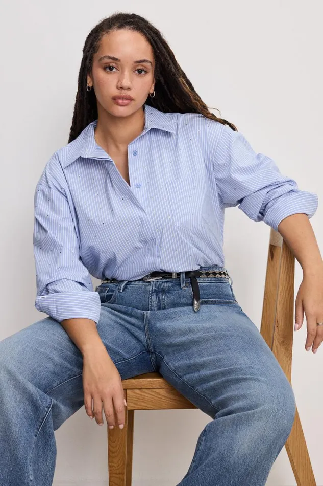 Women GOOD AMERICAN Tops CRYSTAL POPLIN GOODSHIRT Hot Girl Stripe001