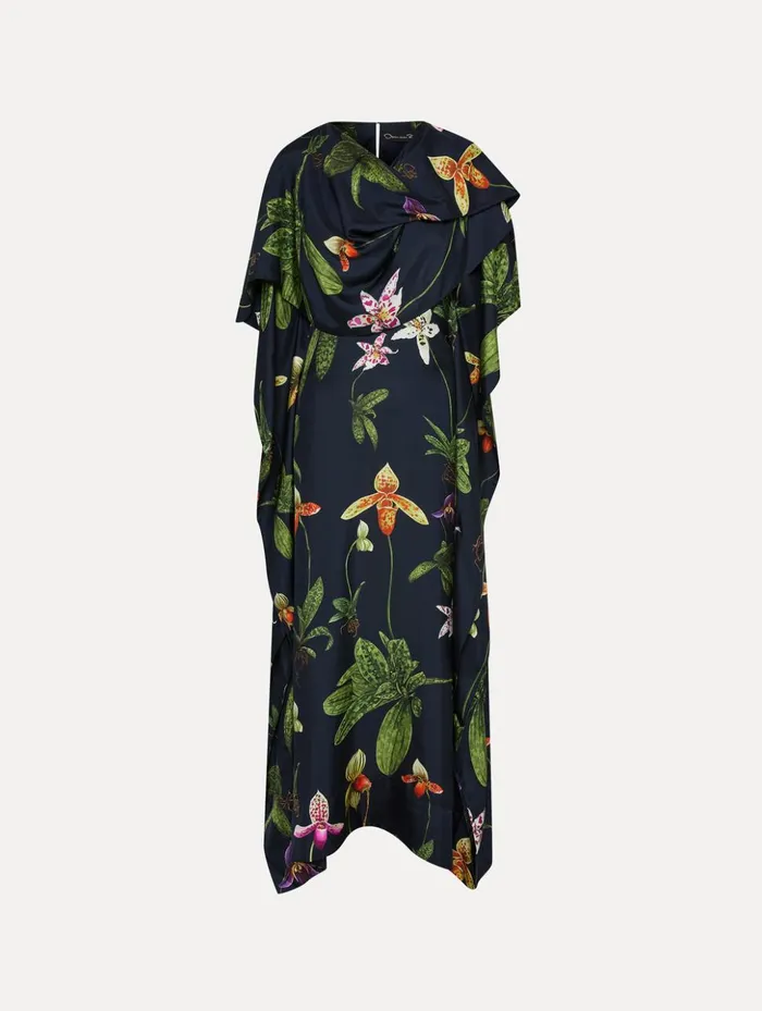 Women Gowns and Caftans Oscar De La Renta Orchid Silk Twill Caftan Navy Multi