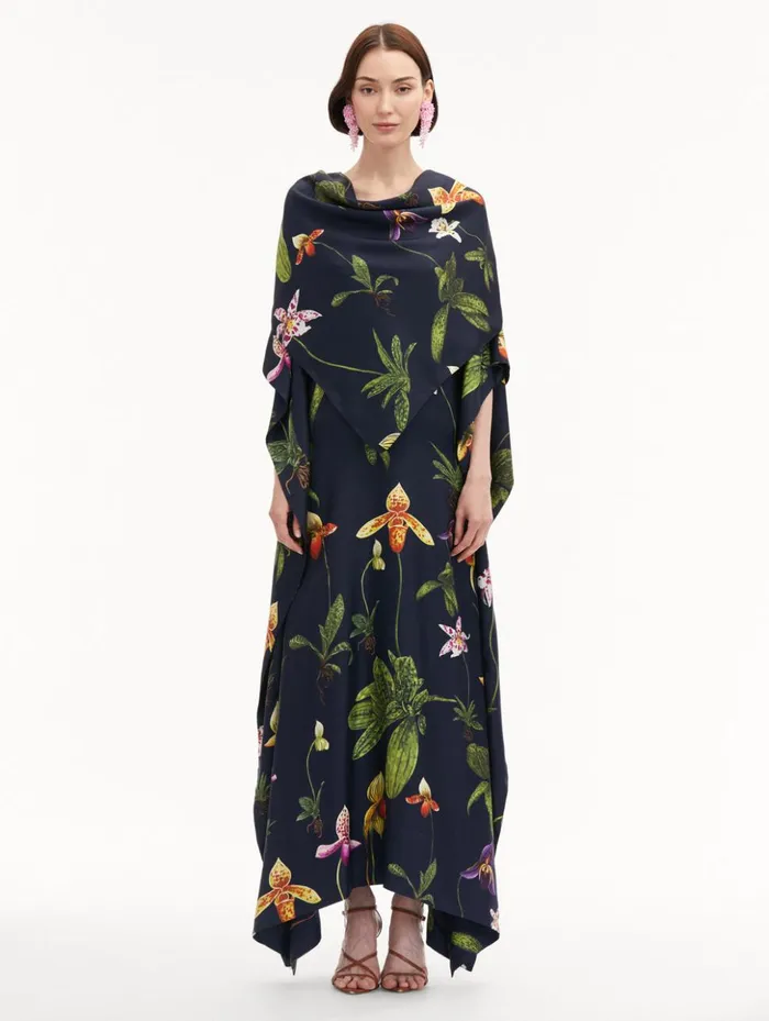 Women Gowns and Caftans Oscar De La Renta Orchid Silk Twill Caftan Navy Multi