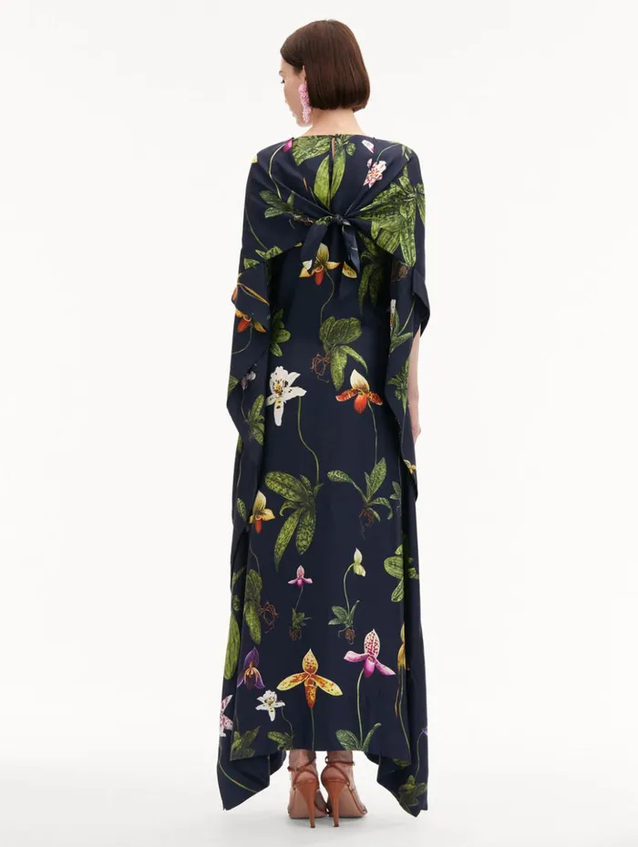 Women Gowns and Caftans Oscar De La Renta Orchid Silk Twill Caftan Navy Multi
