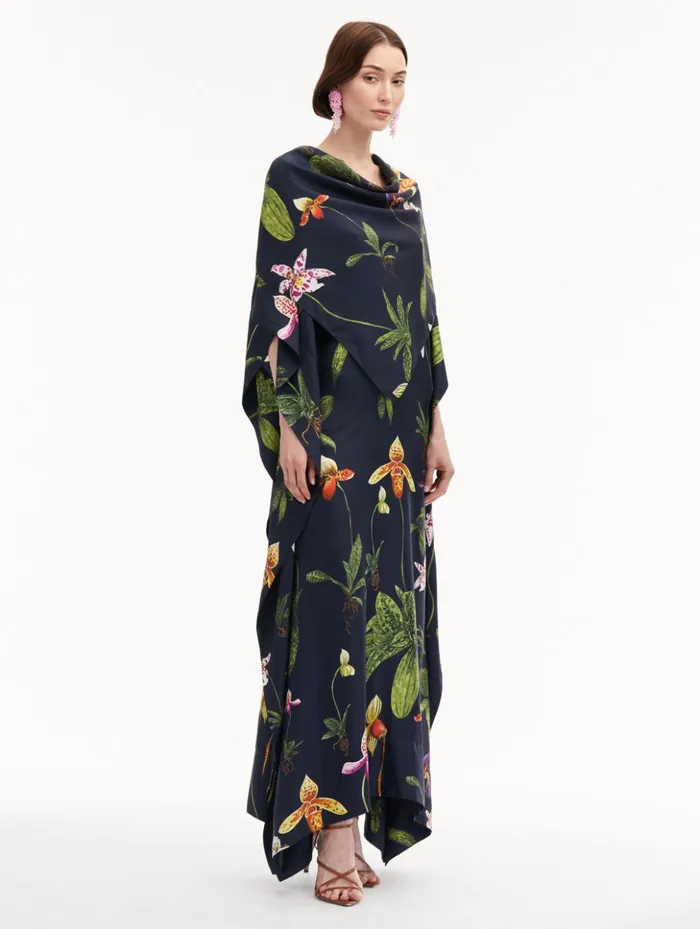 Women Gowns and Caftans Oscar De La Renta Orchid Silk Twill Caftan Navy Multi
