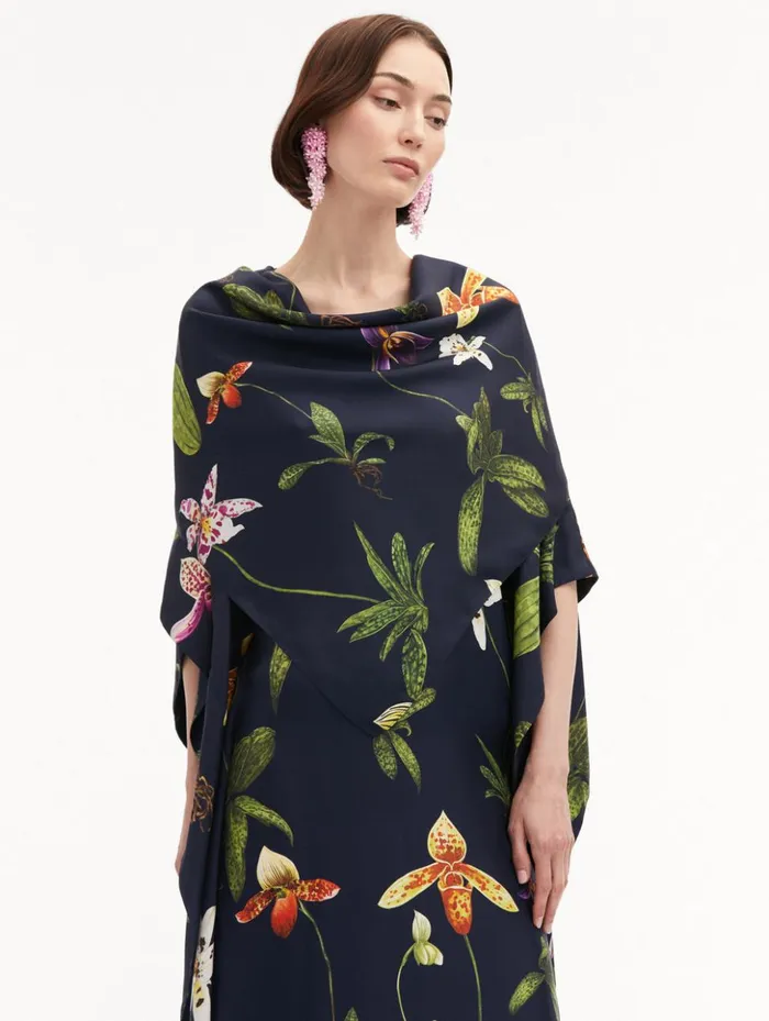 Women Gowns and Caftans Oscar De La Renta Orchid Silk Twill Caftan Navy Multi