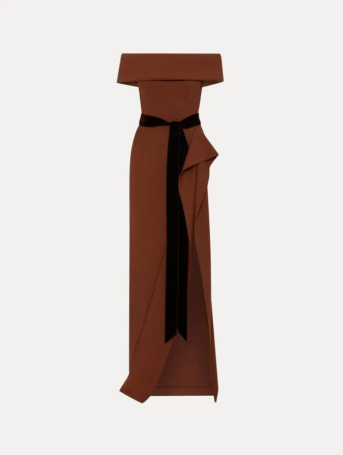 Women Gowns and Caftans Oscar De La Renta RibbonDetailed Off Shoulder Gown Cocoa