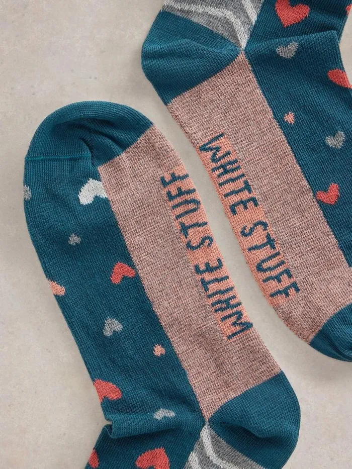 Women Heart Hotch Potch Knitted Sock Teal Multi White Stuff Socks