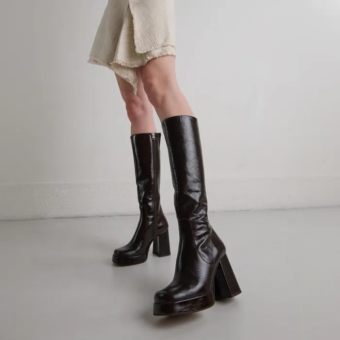 Women Heeled Boots With Squaretoe Dark Brown JONAK Boots Thighhigh Boots