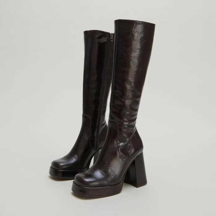 Women Heeled Boots With Squaretoe Dark Brown JONAK Boots Thighhigh Boots