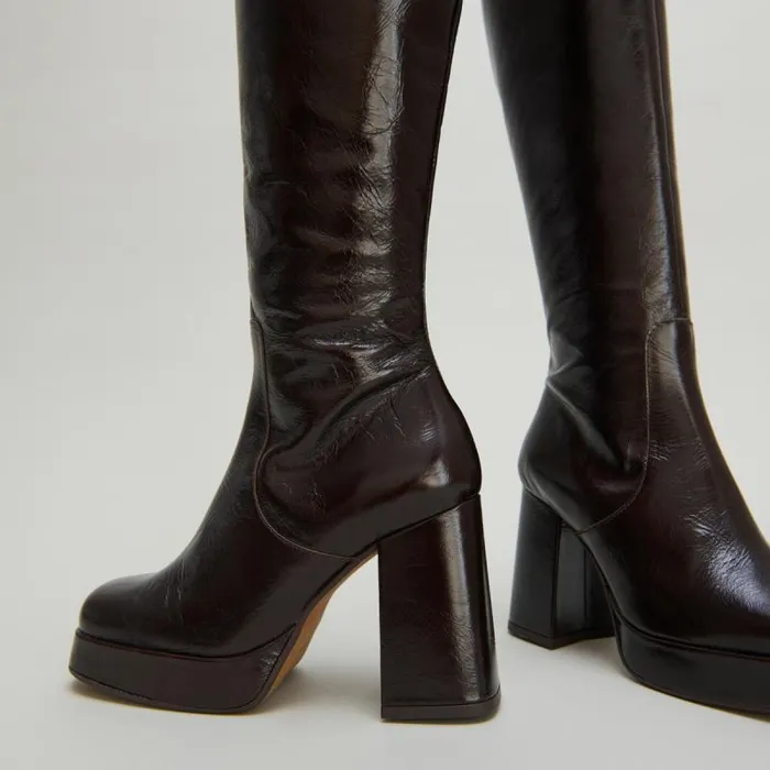 Women Heeled Boots With Squaretoe Dark Brown JONAK Boots Thighhigh Boots